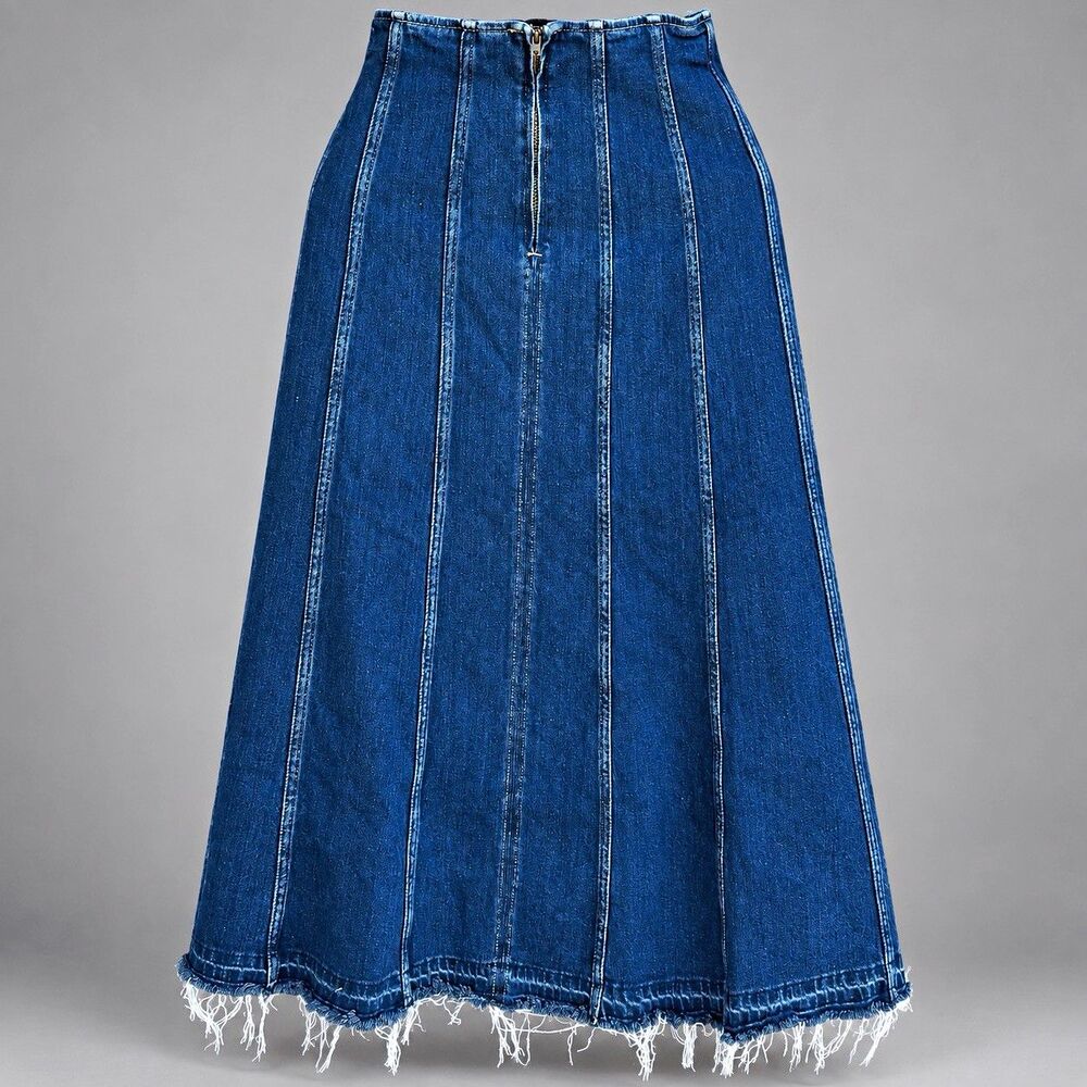 Massimo Dutti Dark Blue Denim Panelled Midi Skirt Frayed Hem Size 4 US / 36 EU